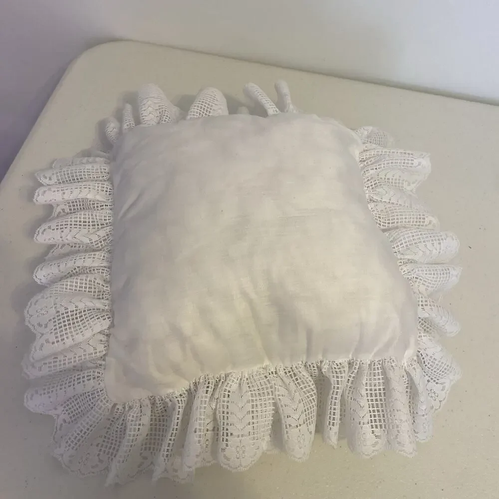 Vintage 70s White Lace Ruffles Square Pillow w/ Ribbon Ties Fairy Bridal Decor